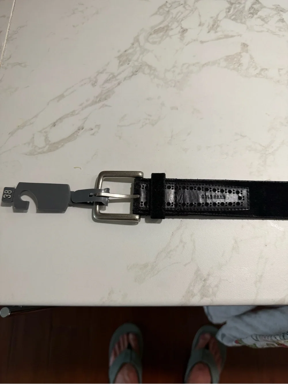 Cole Haan Black Suede Leather Belt with Perforated Panel